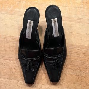 Etienne Aigner Black leather mid heel Patrician tassle mules, 7M